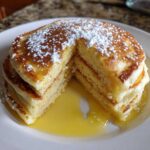 A stack of incredibly fluffy ricotta pancakes, cut open to show the texture, drizzled with syrup and dusted with powdered sugar.