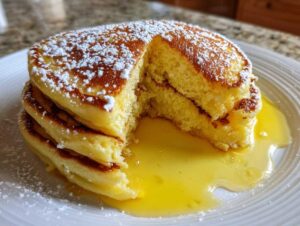 A close-up of a fluffy stack of ricotta pancakes, dusted with powdered sugar and sitting in a pool of syrup.