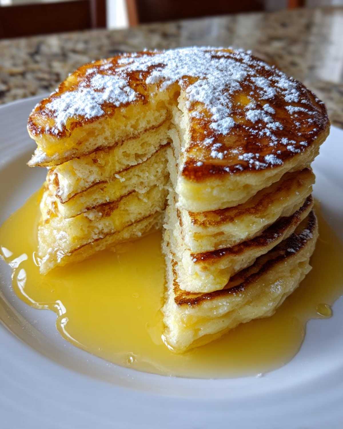 A tall stack of fluffy ricotta pancakes, cut to show the interior, drenched in syrup and dusted with powdered sugar.