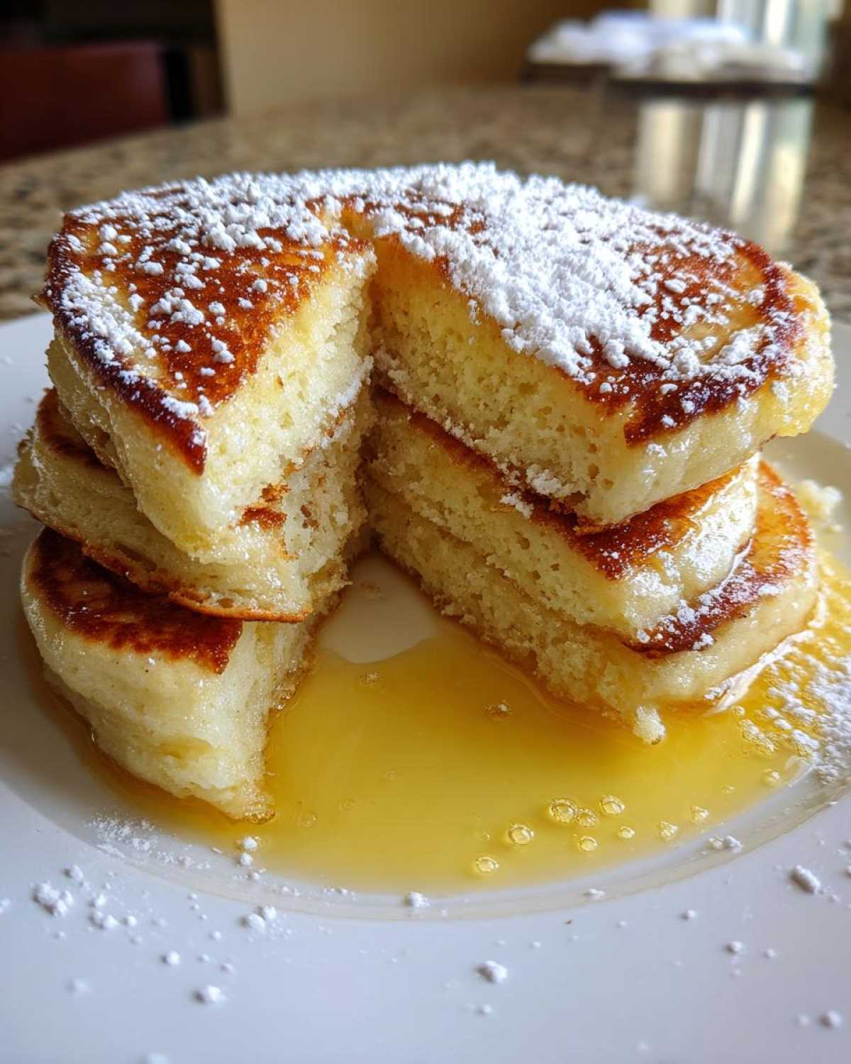 A stack of incredibly fluffy ricotta pancakes, cut to show the interior, drizzled with syrup and dusted with powdered sugar.
