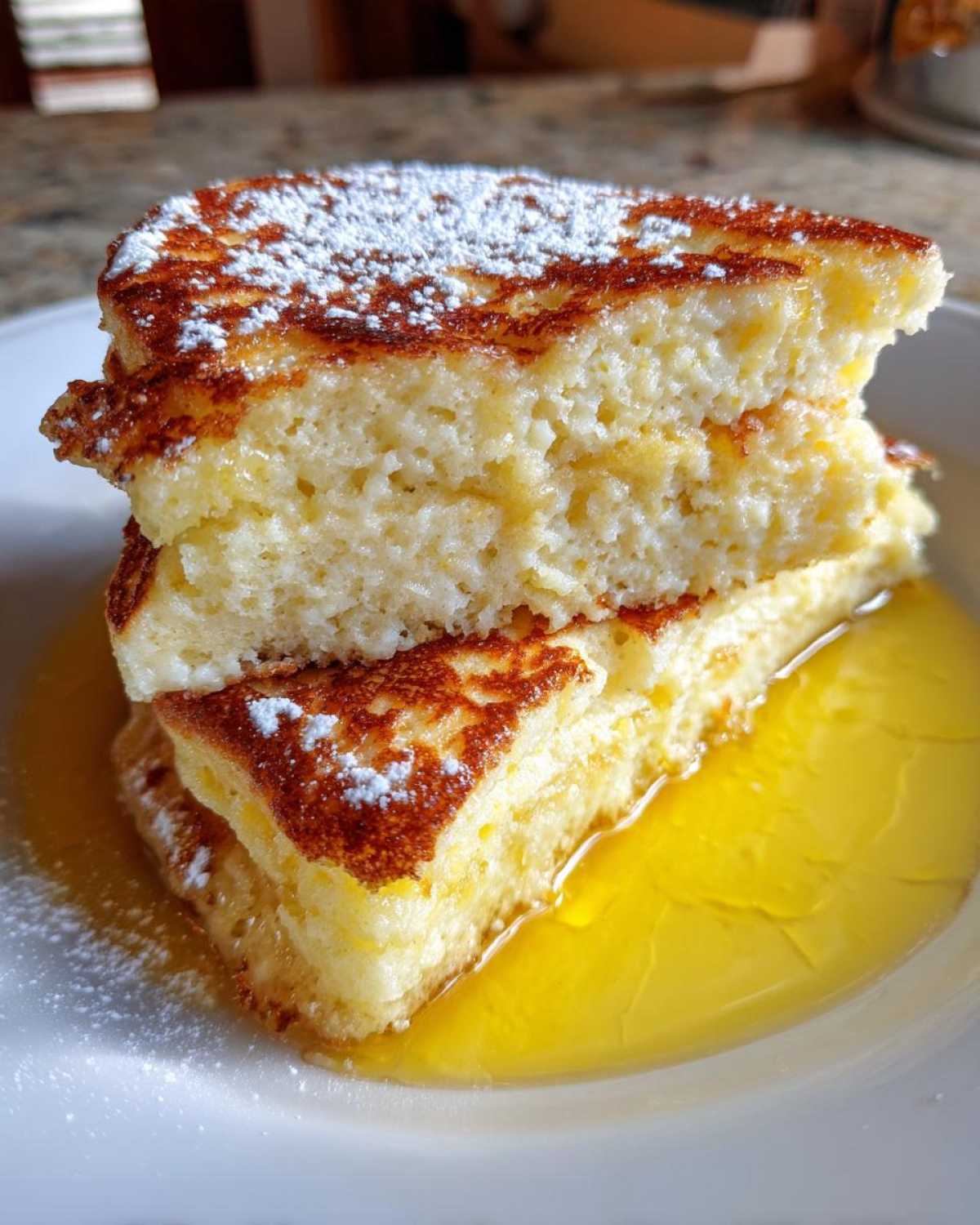 Close-up of two stacked, fluffy ricotta pancakes soaked in syrup and dusted with powdered sugar.
