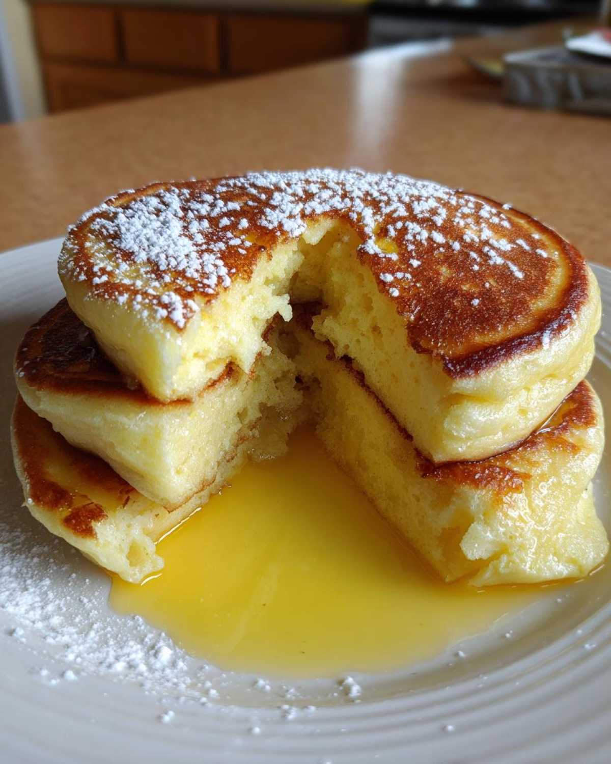 Close-up of three fluffy ricotta pancakes stacked, cut open to show the airy interior, drizzled with syrup and dusted with powdered sugar.