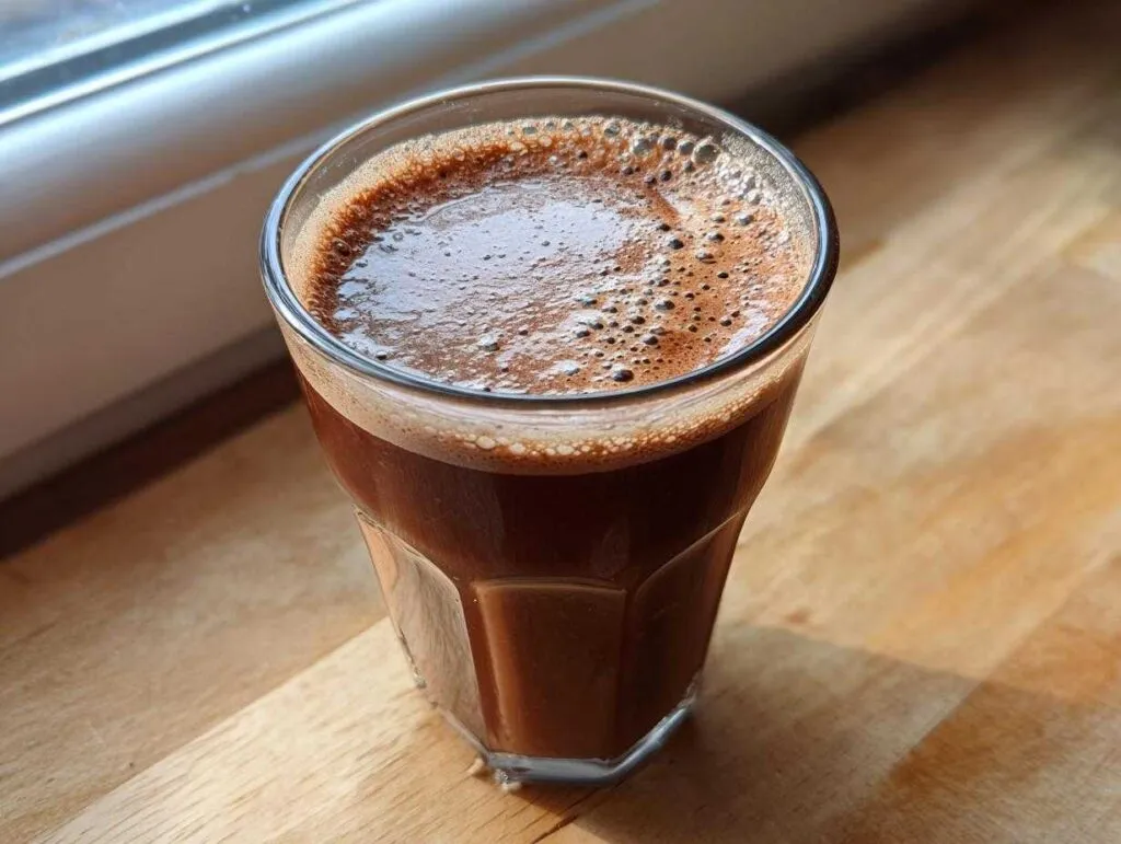 A glass of rich, dark chocolate milk with a foamy top, sitting on a wooden surface near a window.