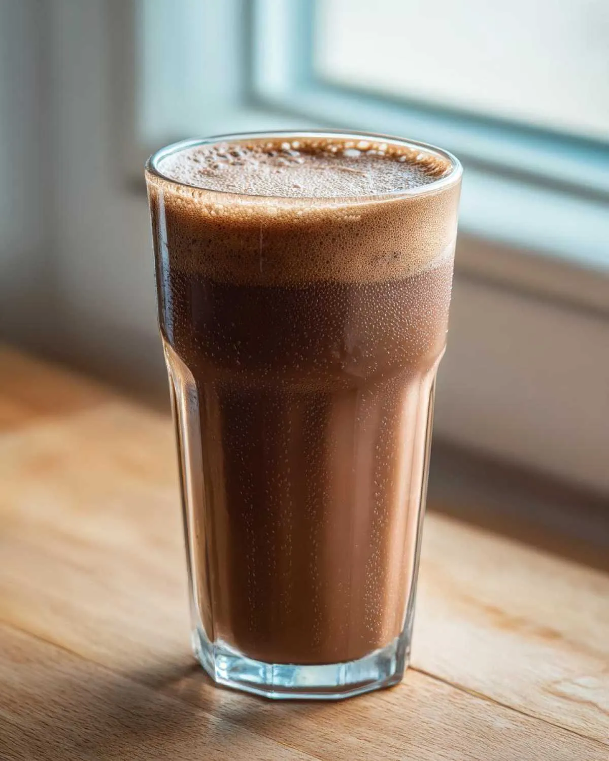 A tall glass filled with rich, frothy chocolate milk resting on a wooden surface near a window.