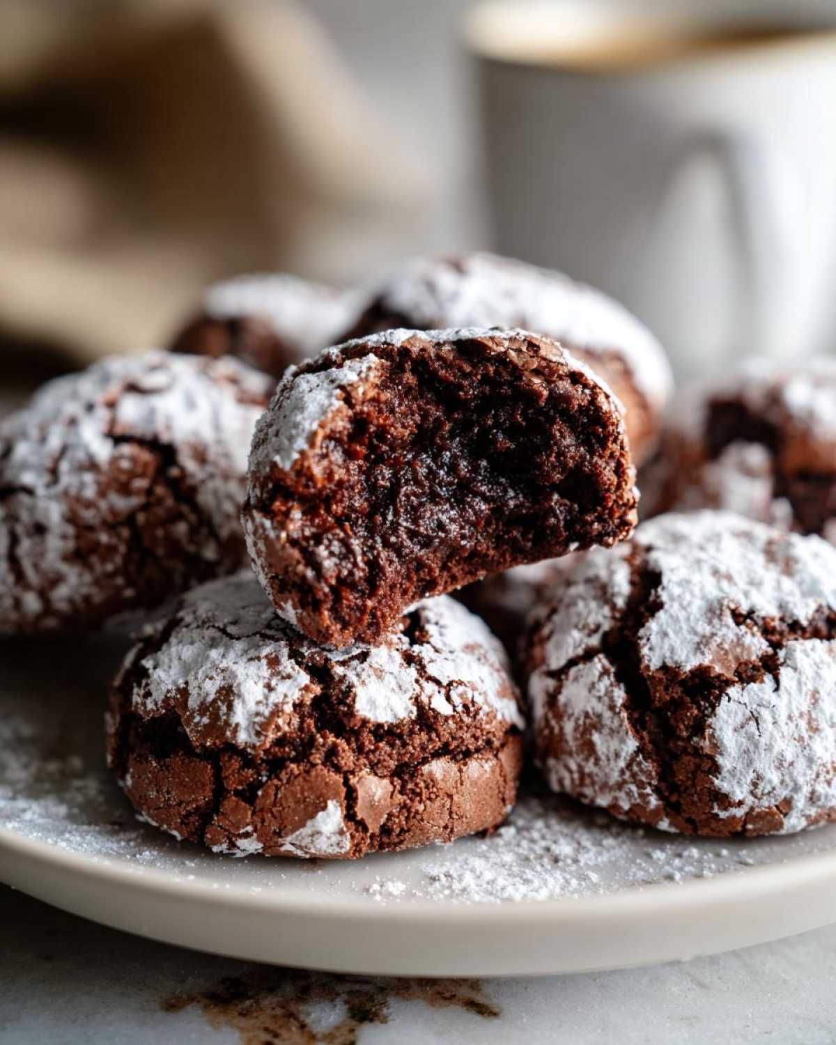 Close-up of fudgy chocolate crinkle cookies dusted with powdered sugar, one cookie is broken open.