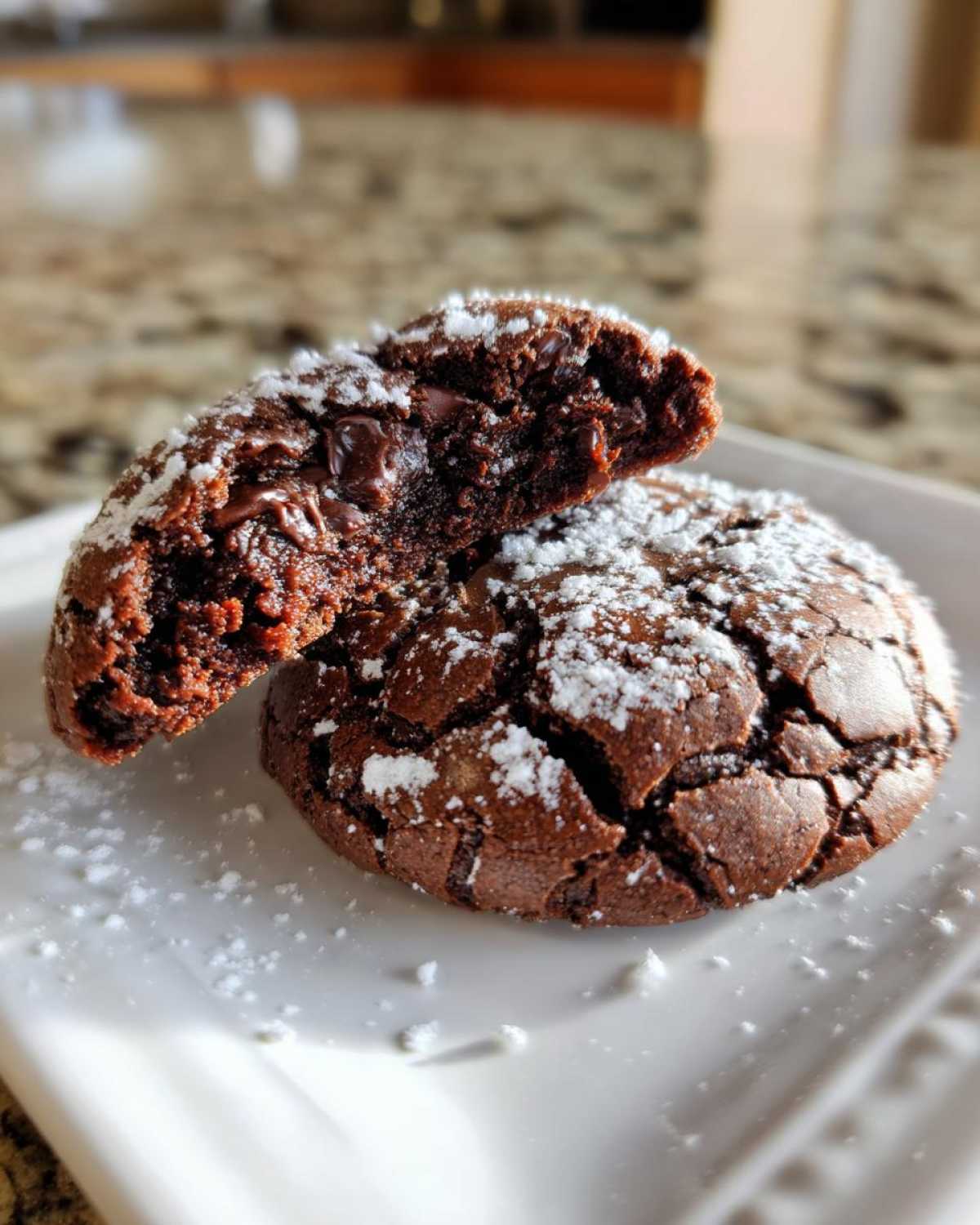 Close-up of a fudgy chocolate crinkle cookie, broken in half to show melted chips, dusted with powdered sugar.