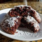 Close-up of fudgy chocolate crinkle cookies dusted heavily with powdered sugar, one cookie is broken open.