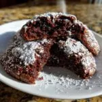 Close-up of fudgy chocolate crinkle cookies dusted heavily with powdered sugar, one cookie is broken open.