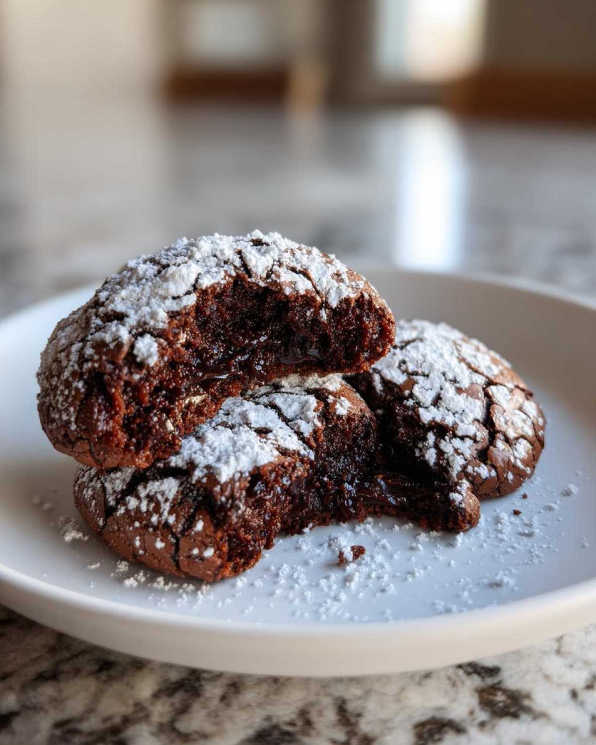 Close-up of fudgy chocolate crinkle cookies dusted with powdered sugar, one cookie broken open.