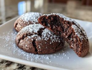 Close-up of fudgy chocolate crinkle cookies dusted with powdered sugar, one cookie is broken open showing a gooey center.