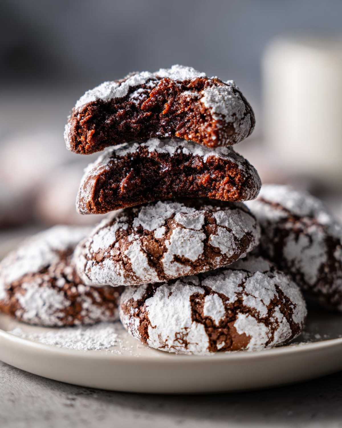 A stack of rich, fudgy chocolate crinkle cookies heavily dusted with powdered sugar, with the top cookie broken open.
