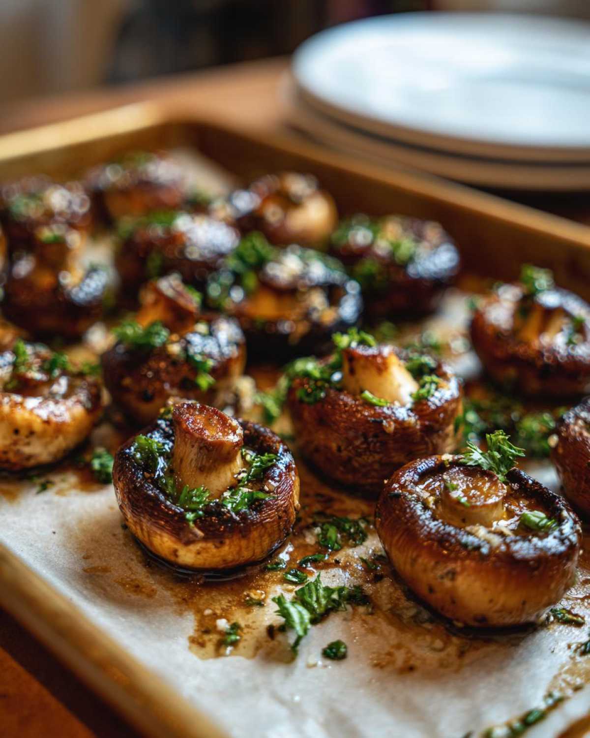 Close-up of roasted garlic butter mushrooms, glistening with butter and sprinkled with fresh parsley on a baking sheet.