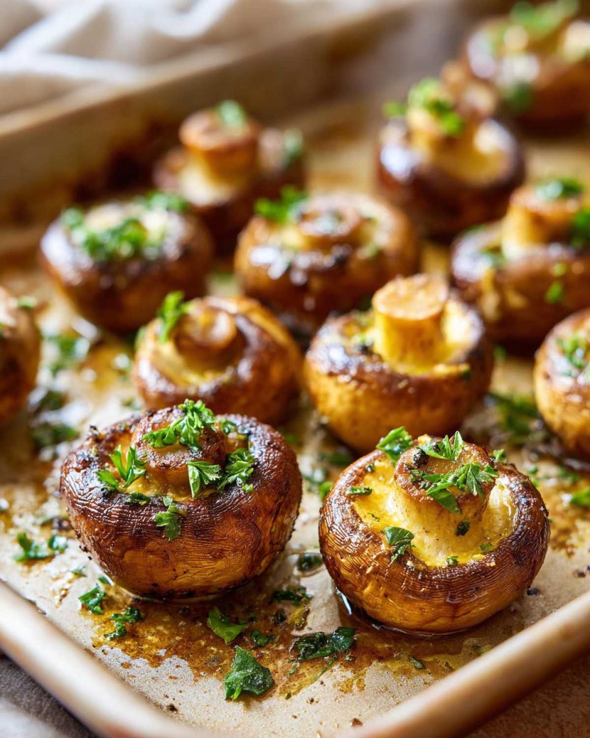 Close-up of golden brown garlic butter mushrooms topped with fresh parsley on a baking sheet.
