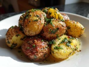 A close-up of roasted garlic butter potatoes seasoned with fresh parsley and spices.
