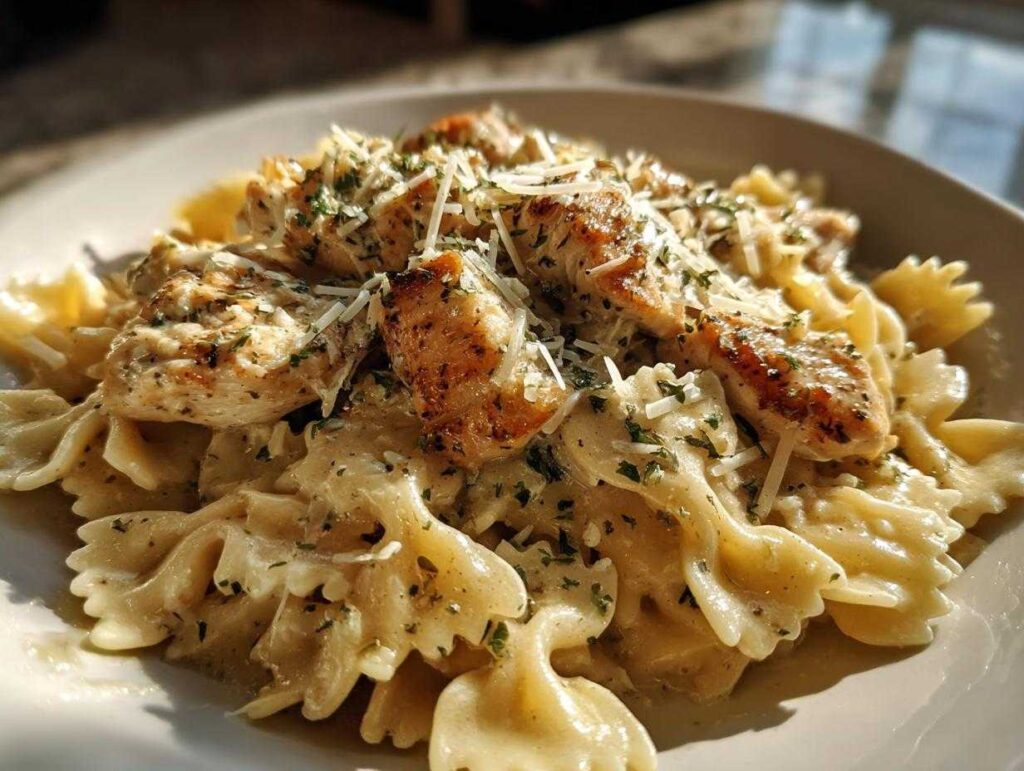 Close-up of creamy garlic parmesan chicken pasta with bow-tie noodles and garnished with parsley and cheese.