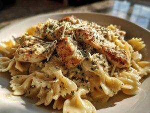 Close-up of creamy garlic parmesan chicken pasta with bow-tie noodles and garnished with parsley and cheese.