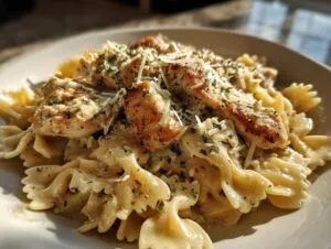 Close-up of creamy garlic parmesan chicken pasta with bow-tie noodles and garnished with parsley and cheese.