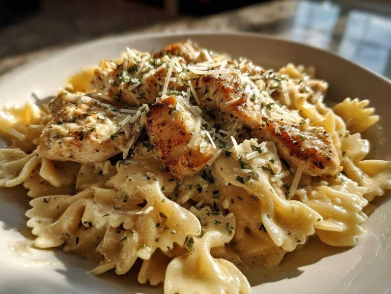 Close-up of creamy garlic parmesan chicken pasta with bow-tie noodles and garnished with parsley and cheese.