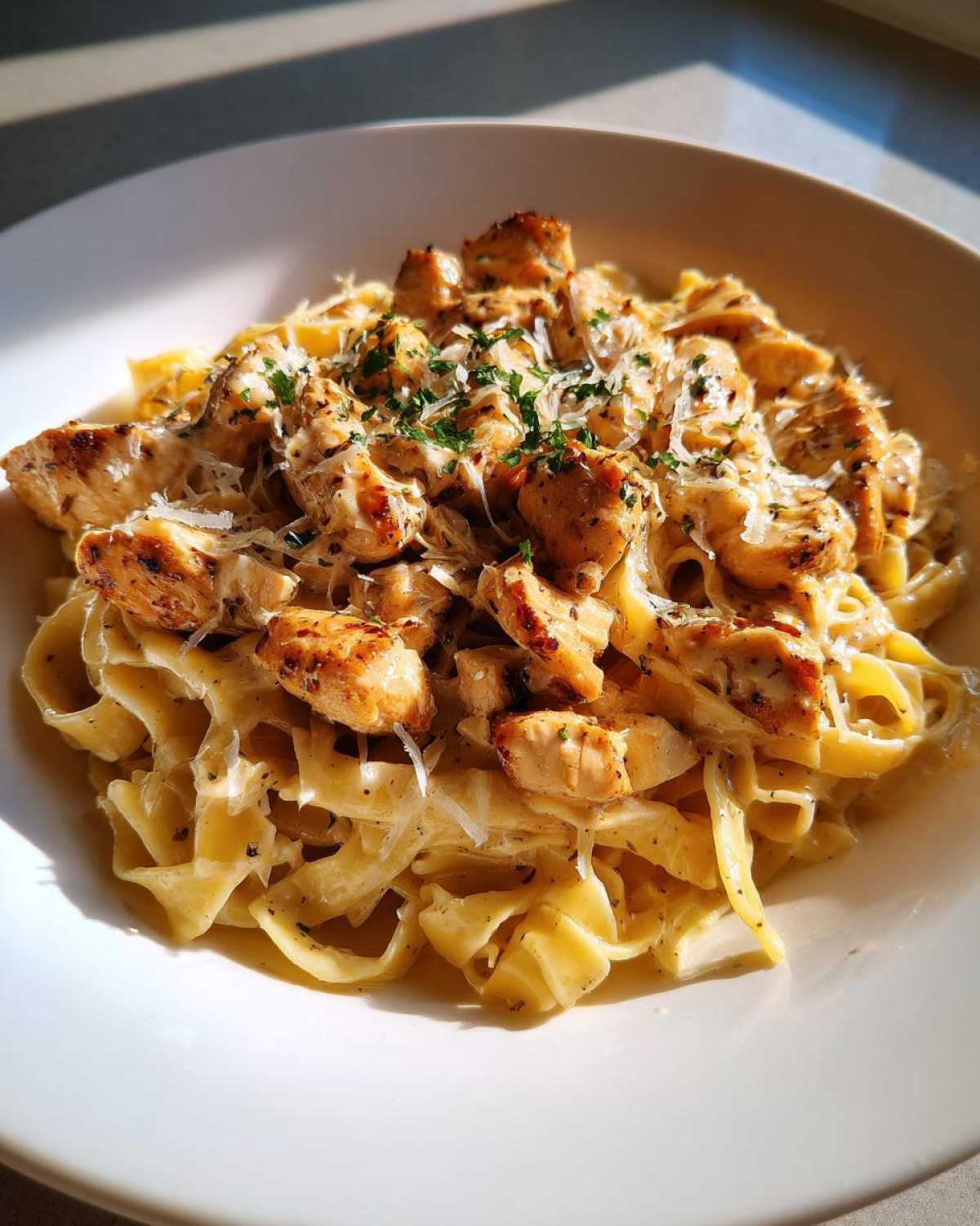 A close-up of creamy Garlic Parmesan chicken pasta, featuring fettuccine noodles, tender chicken pieces, and a sprinkle of Parmesan cheese and parsley.