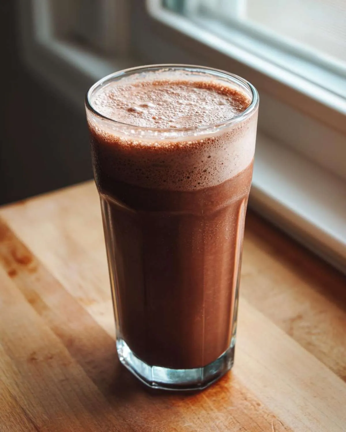 A tall glass filled with rich, foamy chocolate milk sitting on a wooden surface near a window.