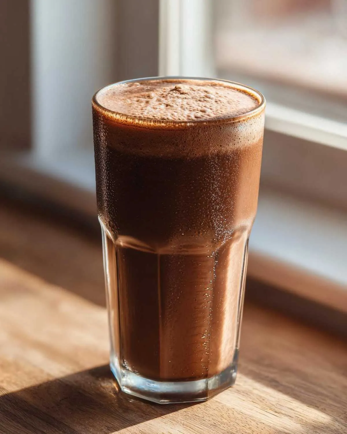 A tall, cold glass filled with frothy chocolate milk sitting on a sunny wooden surface.