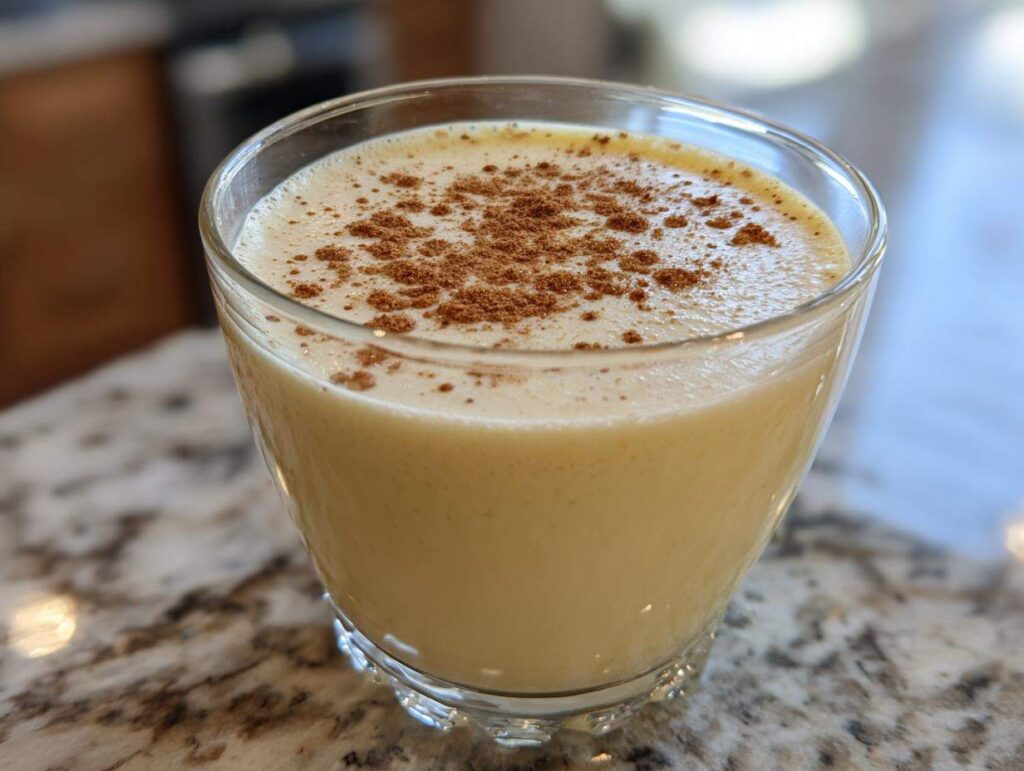 A close-up of a glass filled with creamy, pale yellow eggnog, dusted generously with ground cinnamon.