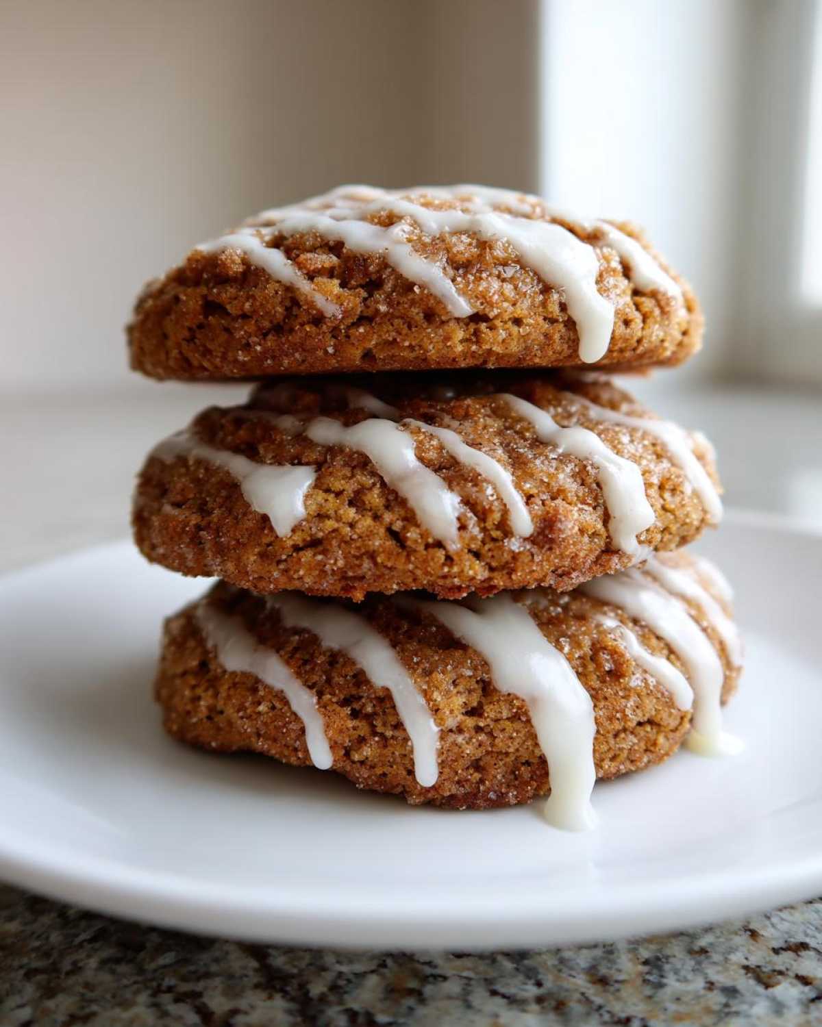 A stack of three soft, brown coffee cake cookies topped with a white vanilla glaze drizzle.