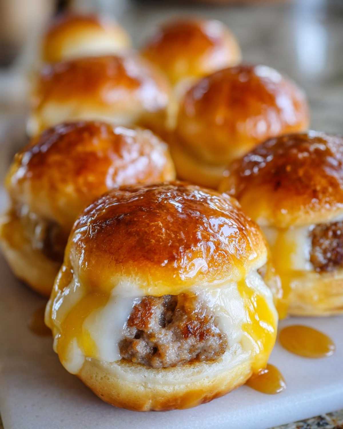 Close-up of several homemade mcgriddle bites featuring glazed buns, sausage patties, and dripping melted cheese.
