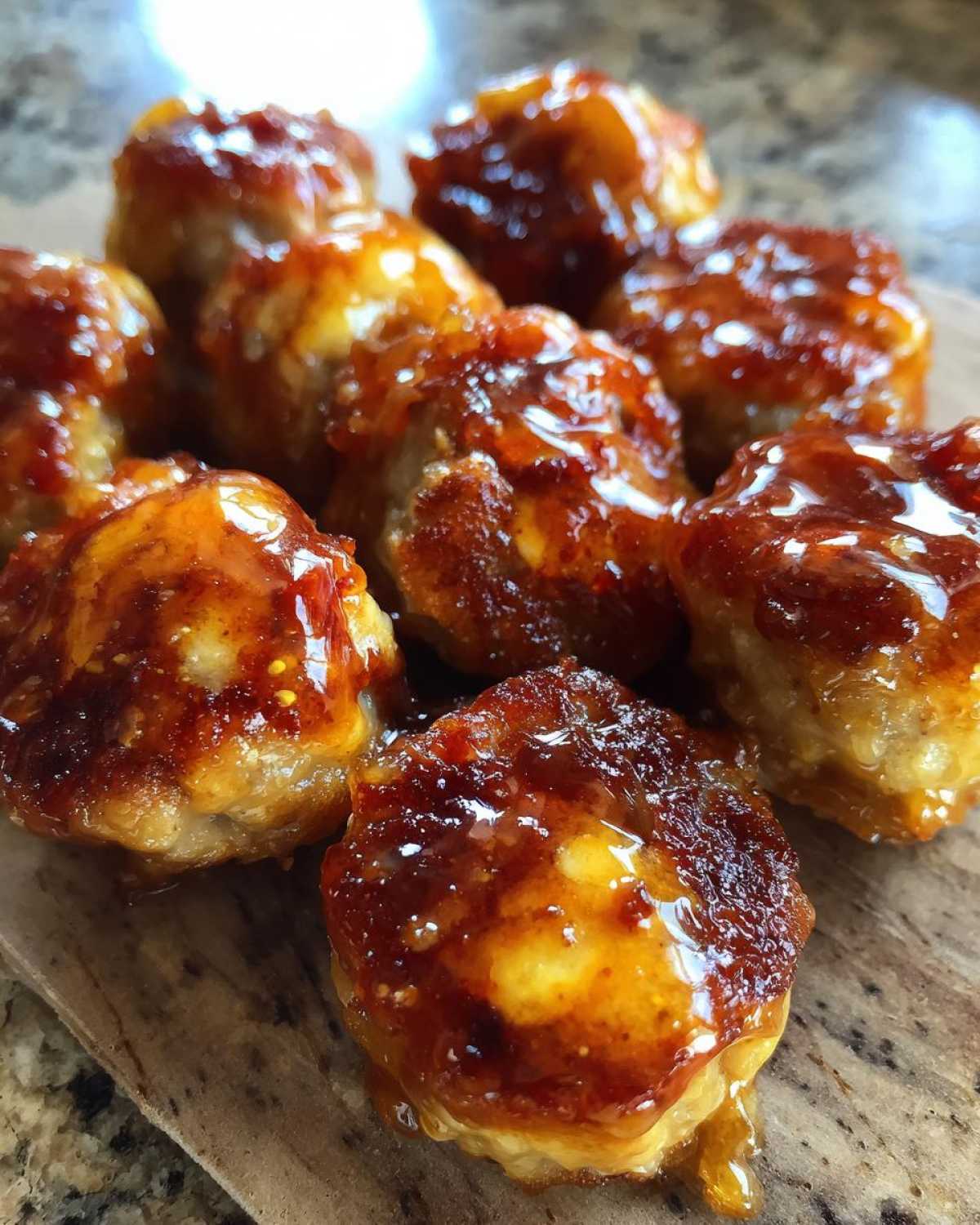 A close-up view of several golden, bite-sized pieces coated in a thick, shiny, amber glaze, resembling mcgriddle bites.