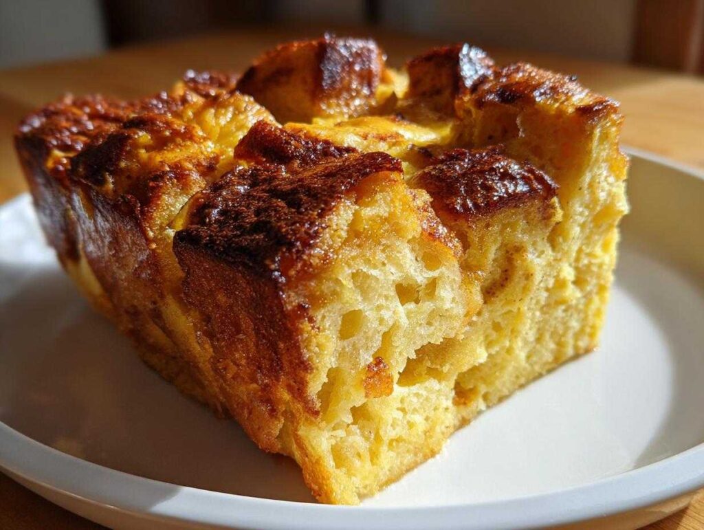 A slice of golden-brown gluten-free pumpkin bread pudding on a white plate, showcasing its fluffy texture.