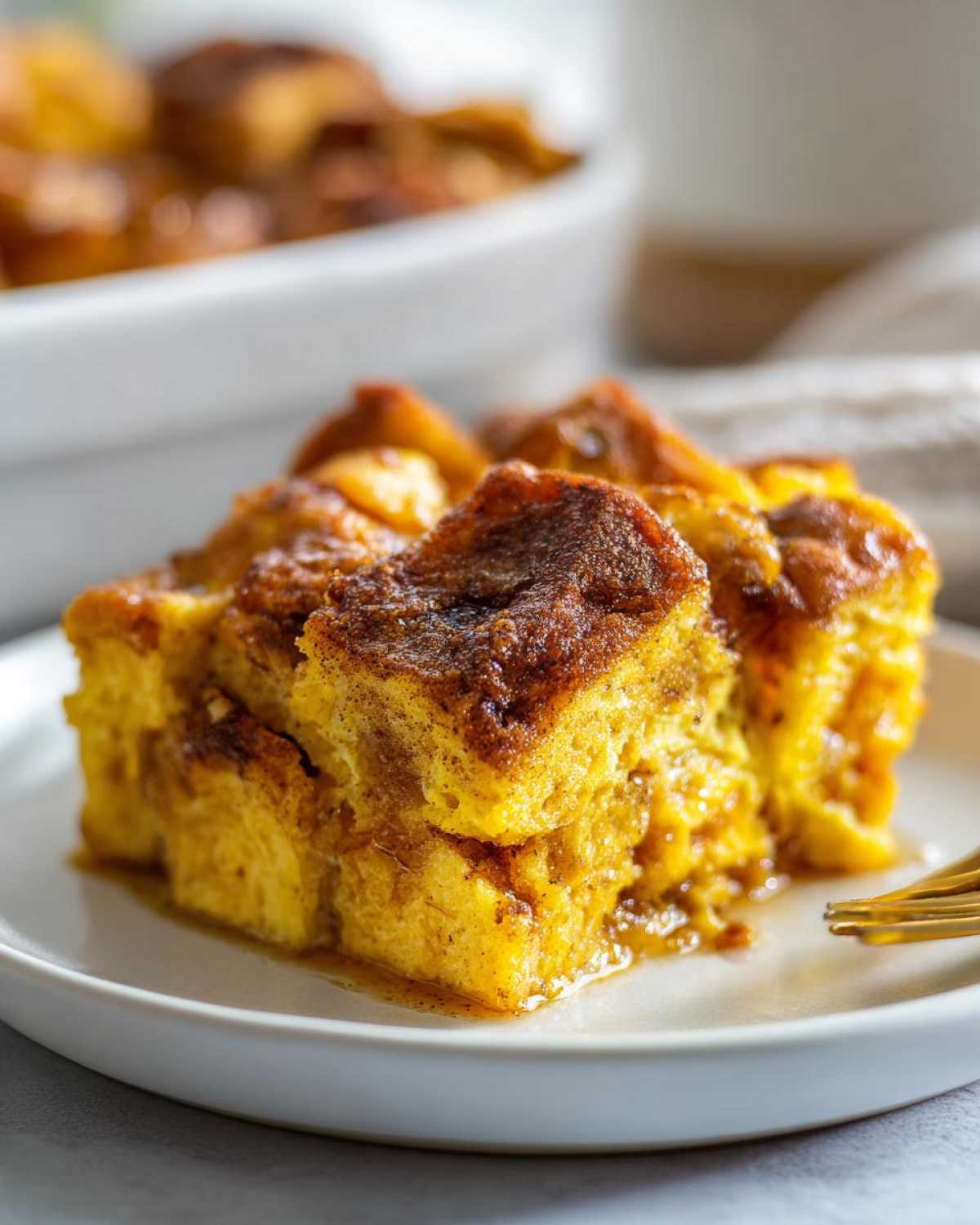 A close-up of a delicious slice of gluten-free pumpkin bread pudding, moist and topped with a cinnamon glaze.