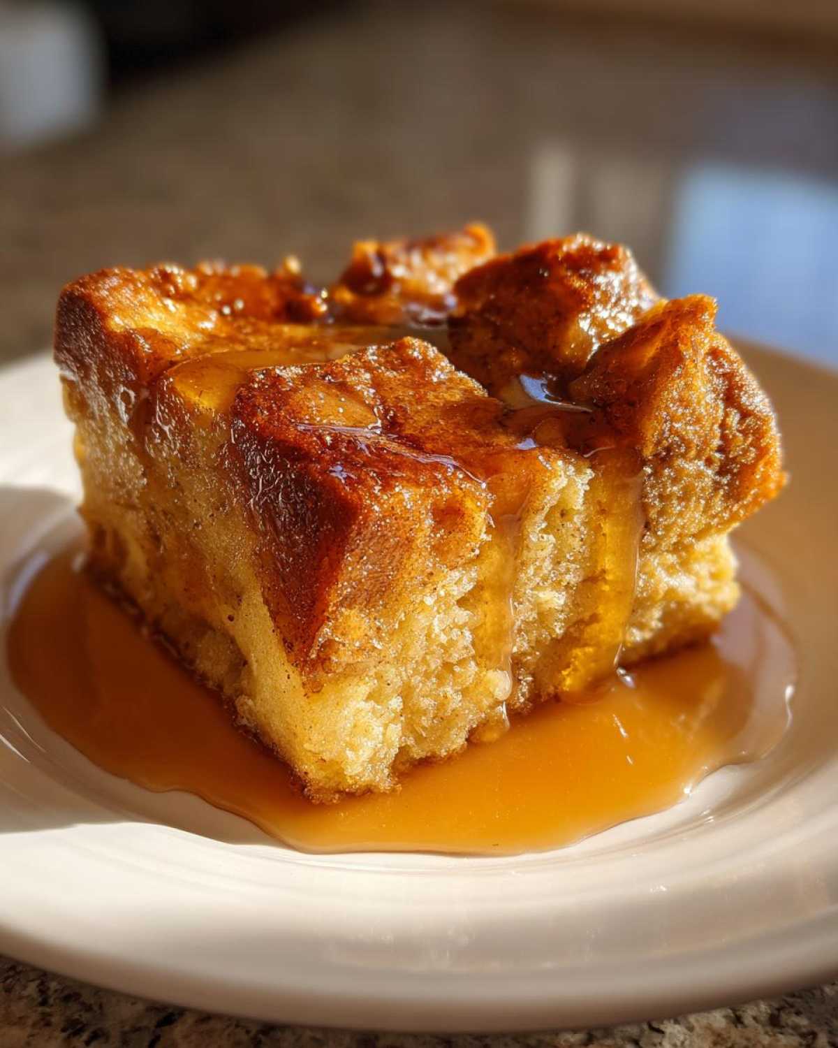 A close-up of a slice of gluten-free pumpkin bread pudding drizzled with caramel sauce on a white plate.
