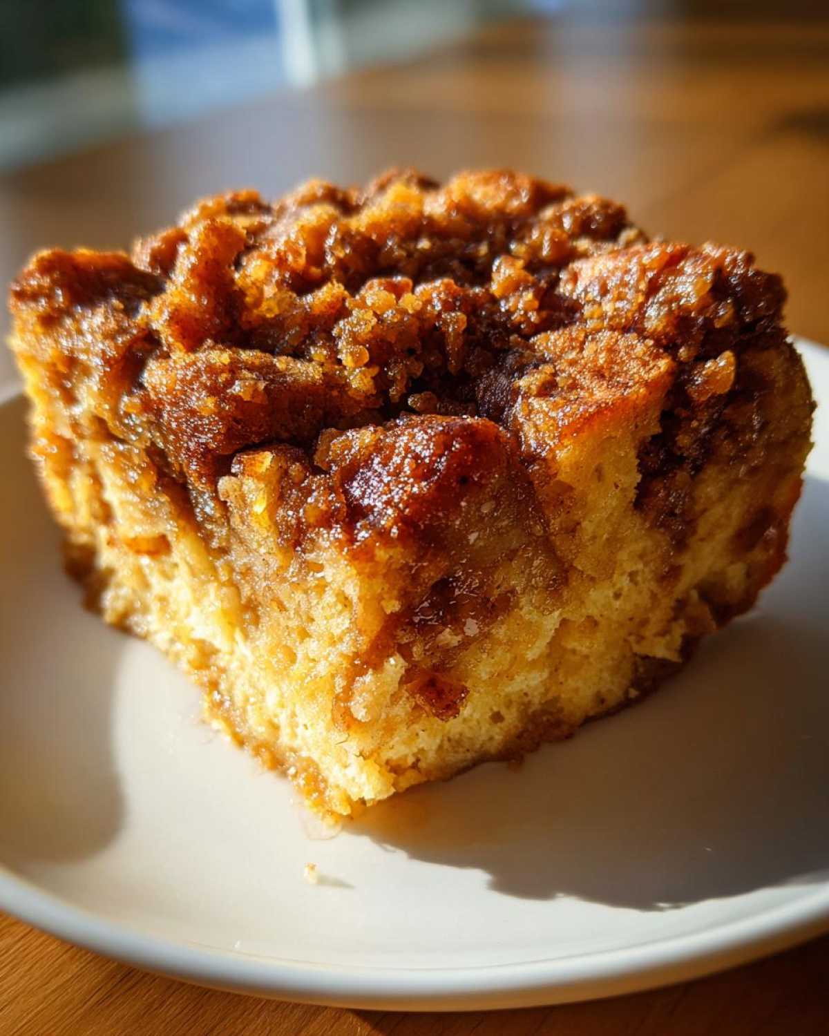 A close-up of a slice of gluten-free pumpkin bread pudding with a crumbly topping on a white plate.