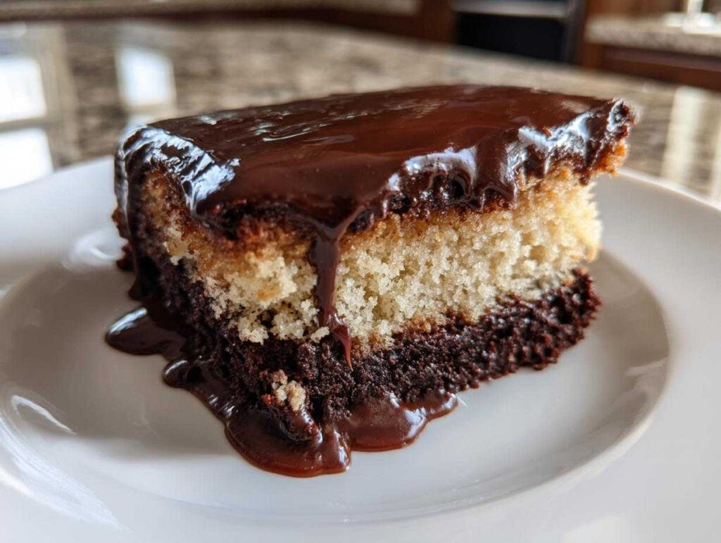 A moist slice of chocolate pudding cake showing distinct layers and rich, dripping chocolate sauce.