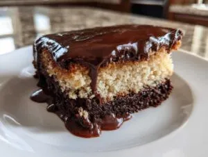 A moist slice of chocolate pudding cake showing distinct layers and rich, dripping chocolate sauce.