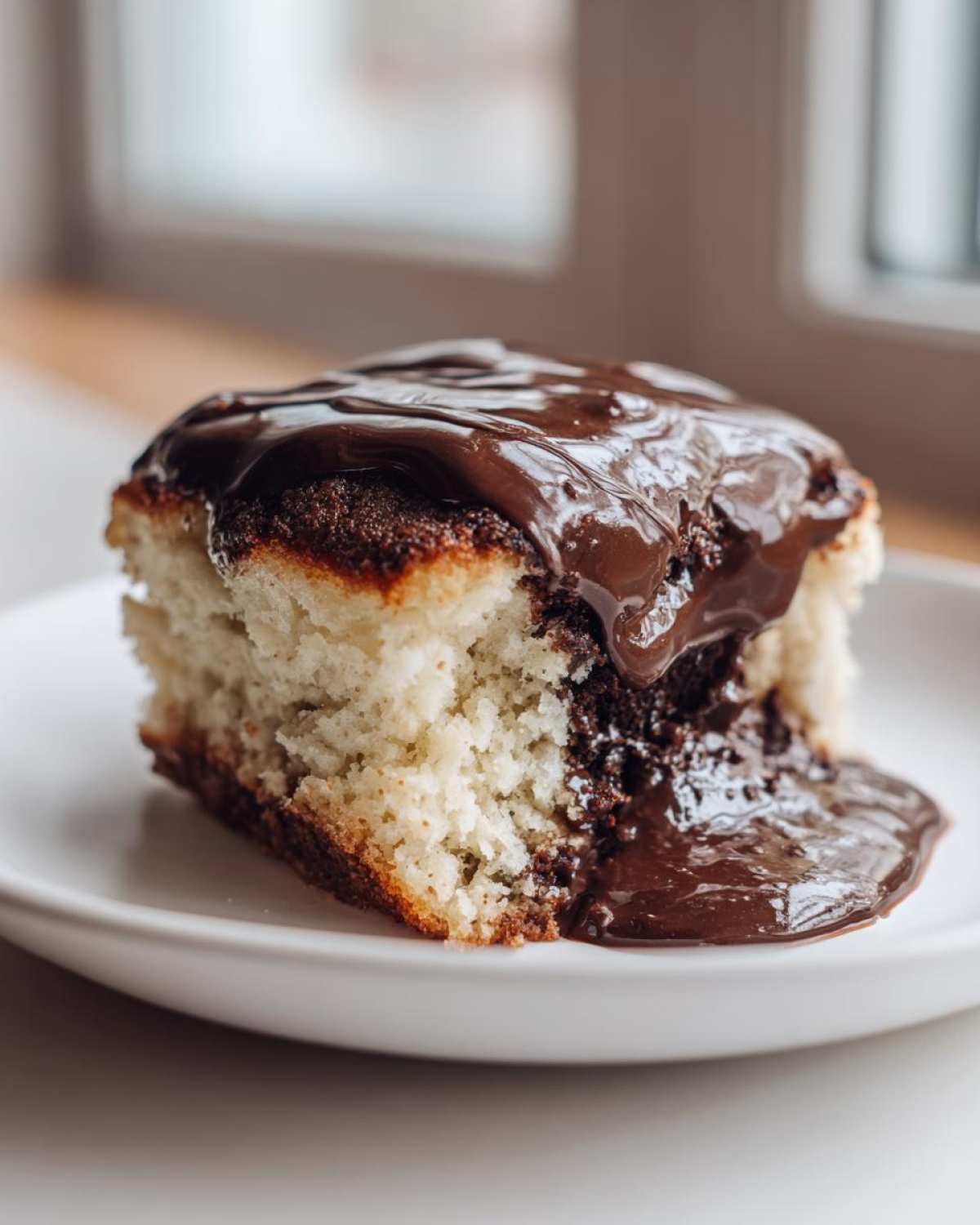 A close-up of a slice of light cake topped with rich, melted chocolate sauce, characteristic of chocolate pudding cake.