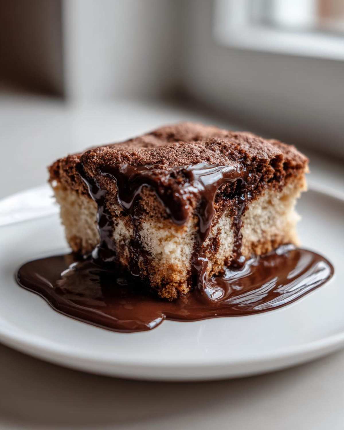 A square slice of light and dark chocolate pudding cake generously topped with rich, melted chocolate sauce.