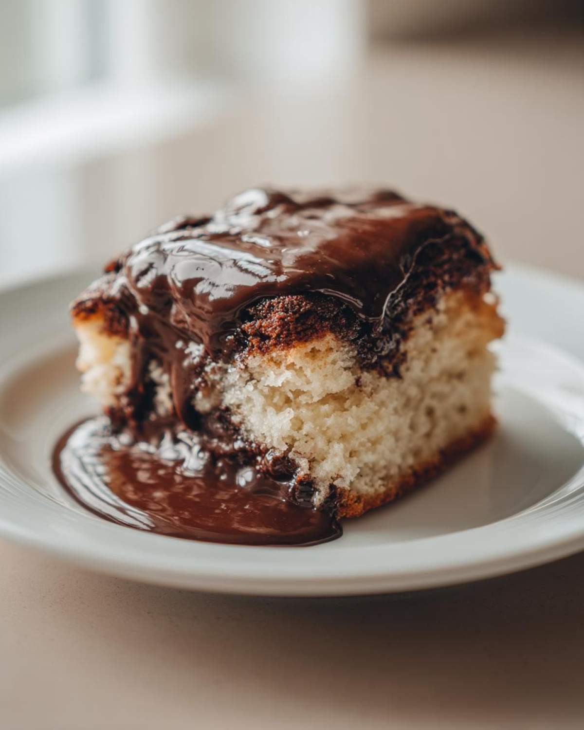 A close-up of a square slice of chocolate pudding cake with a rich, gooey chocolate sauce poured over the top.