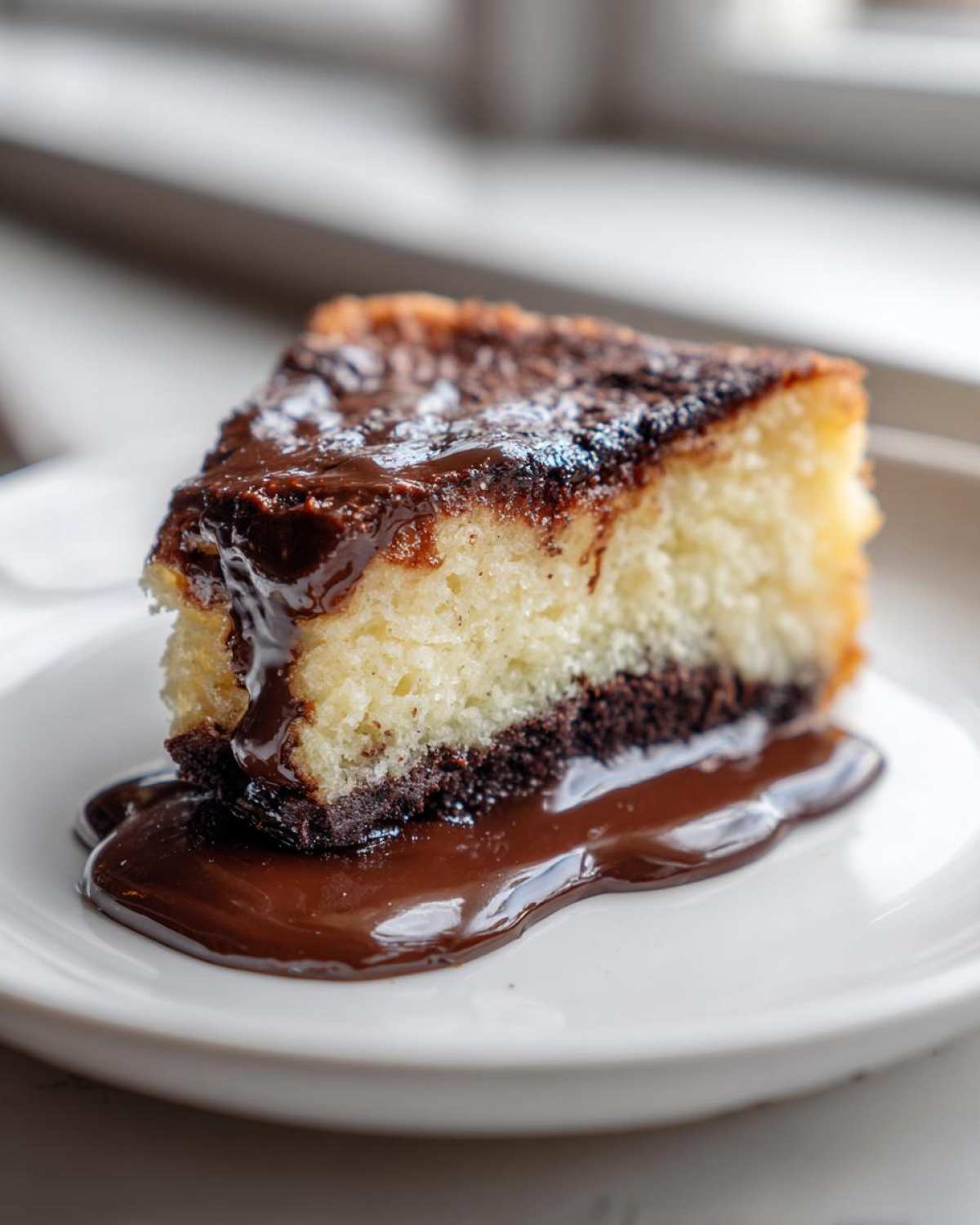 A close-up of a slice of chocolate pudding cake with a gooey chocolate sauce pooling on the white plate.