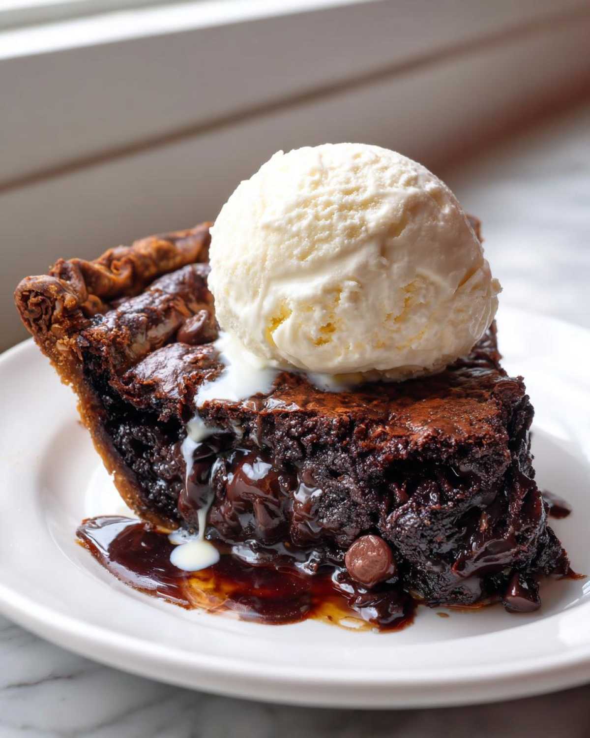 A decadent slice of hot fudge pie topped with a scoop of melting vanilla ice cream.