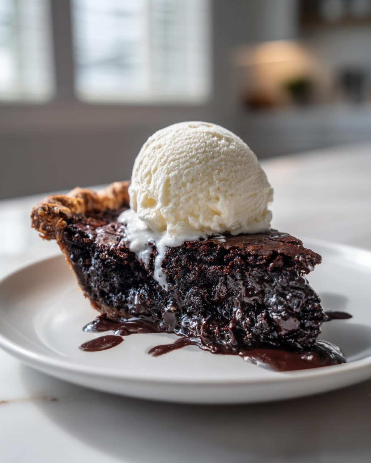 A decadent slice of hot fudge pie topped with a scoop of melting vanilla ice cream.