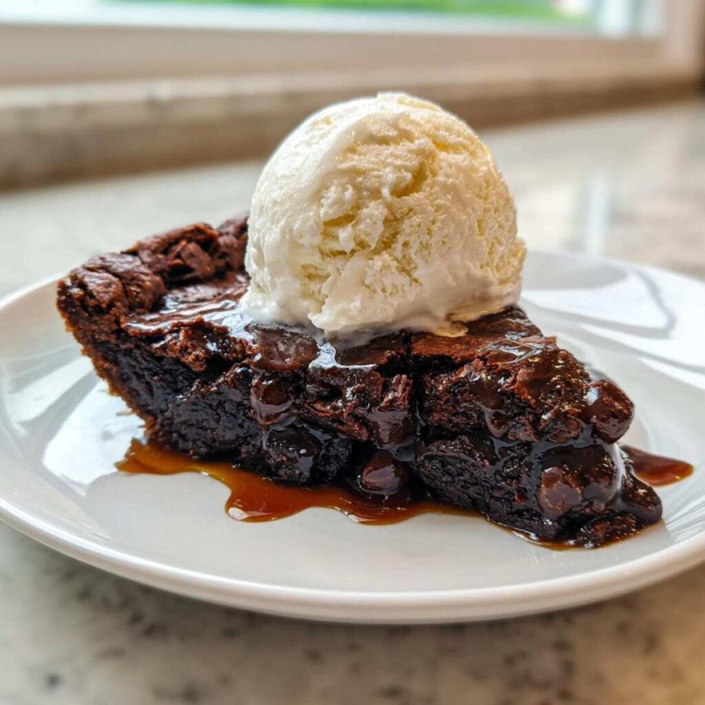 A decadent slice of hot fudge pie topped with a scoop of melting vanilla ice cream and chocolate sauce.