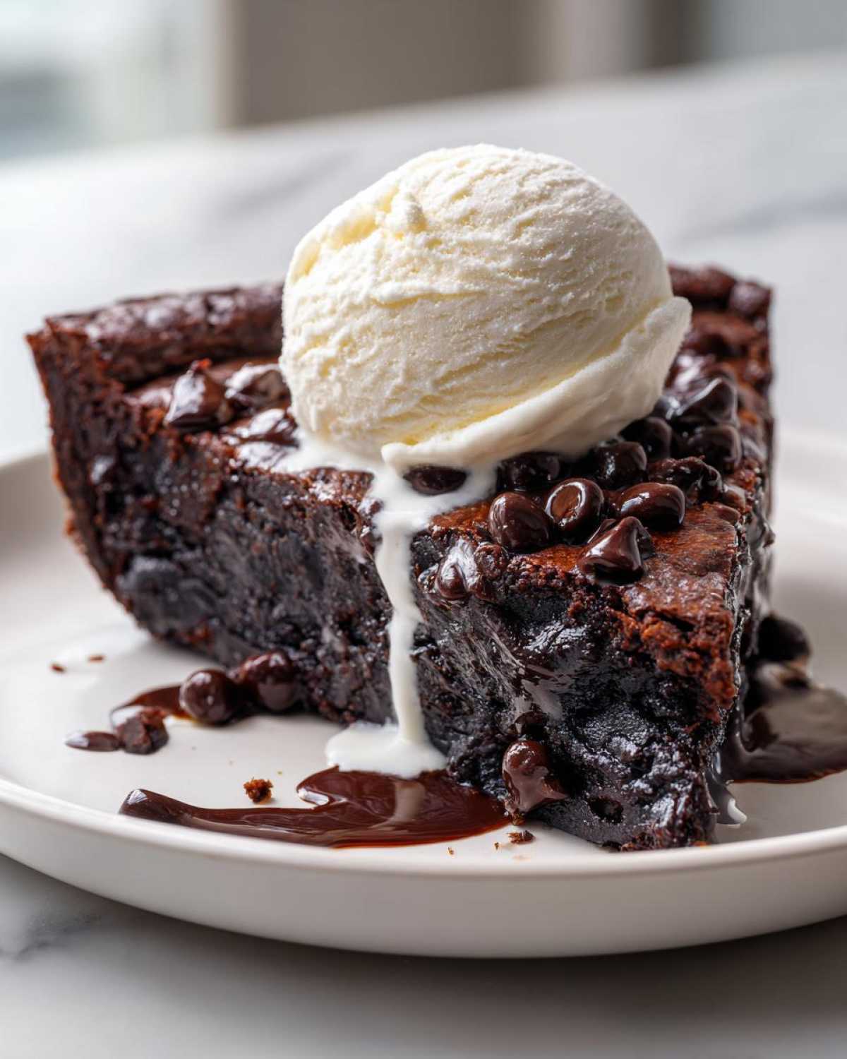 A decadent slice of hot fudge pie topped with vanilla ice cream, chocolate chips, and melting fudge sauce.