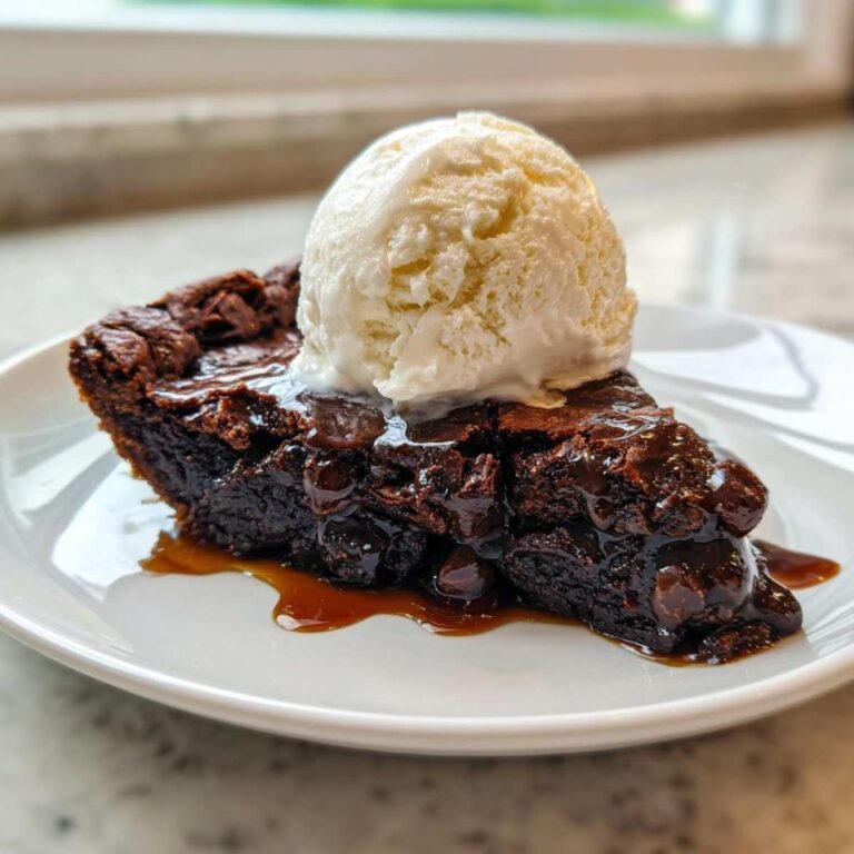 A decadent slice of hot fudge pie topped with a scoop of melting vanilla ice cream and chocolate sauce.