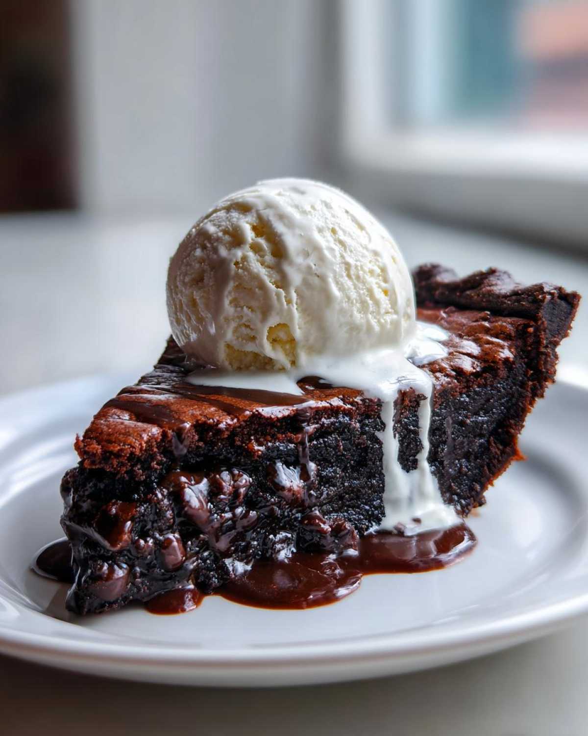 A rich slice of hot fudge pie topped with melting vanilla ice cream and chocolate sauce.