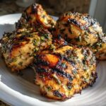 Close-up of juicy grilled coconut basil chicken pieces seasoned with herbs on a white plate.