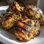 Close-up of juicy grilled coconut basil chicken pieces seasoned with herbs on a white plate.