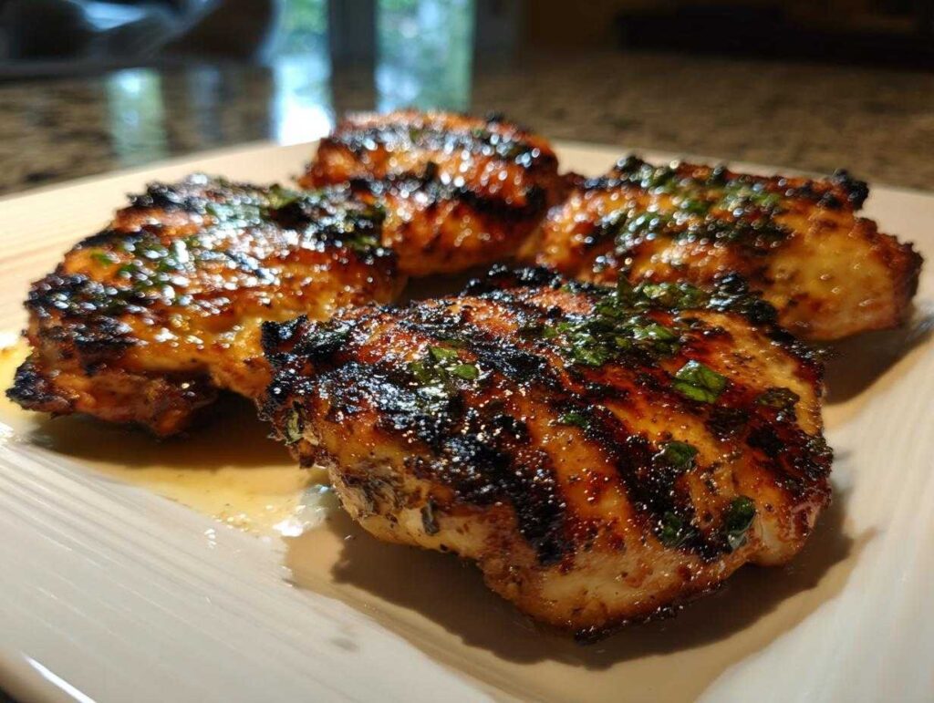 Close-up of four juicy grilled coconut basil chicken pieces on a white plate, with grill marks and chopped herbs.
