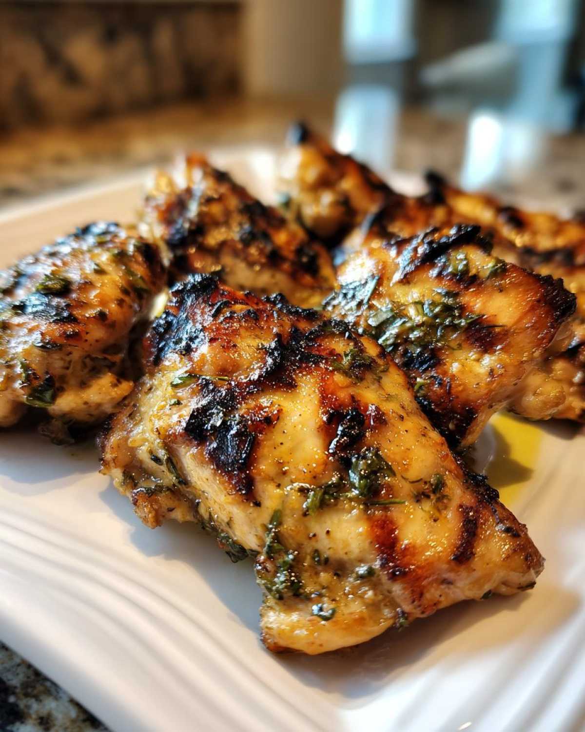 Close-up of perfectly grilled coconut basil chicken pieces on a white plate, showing char marks and herbs.