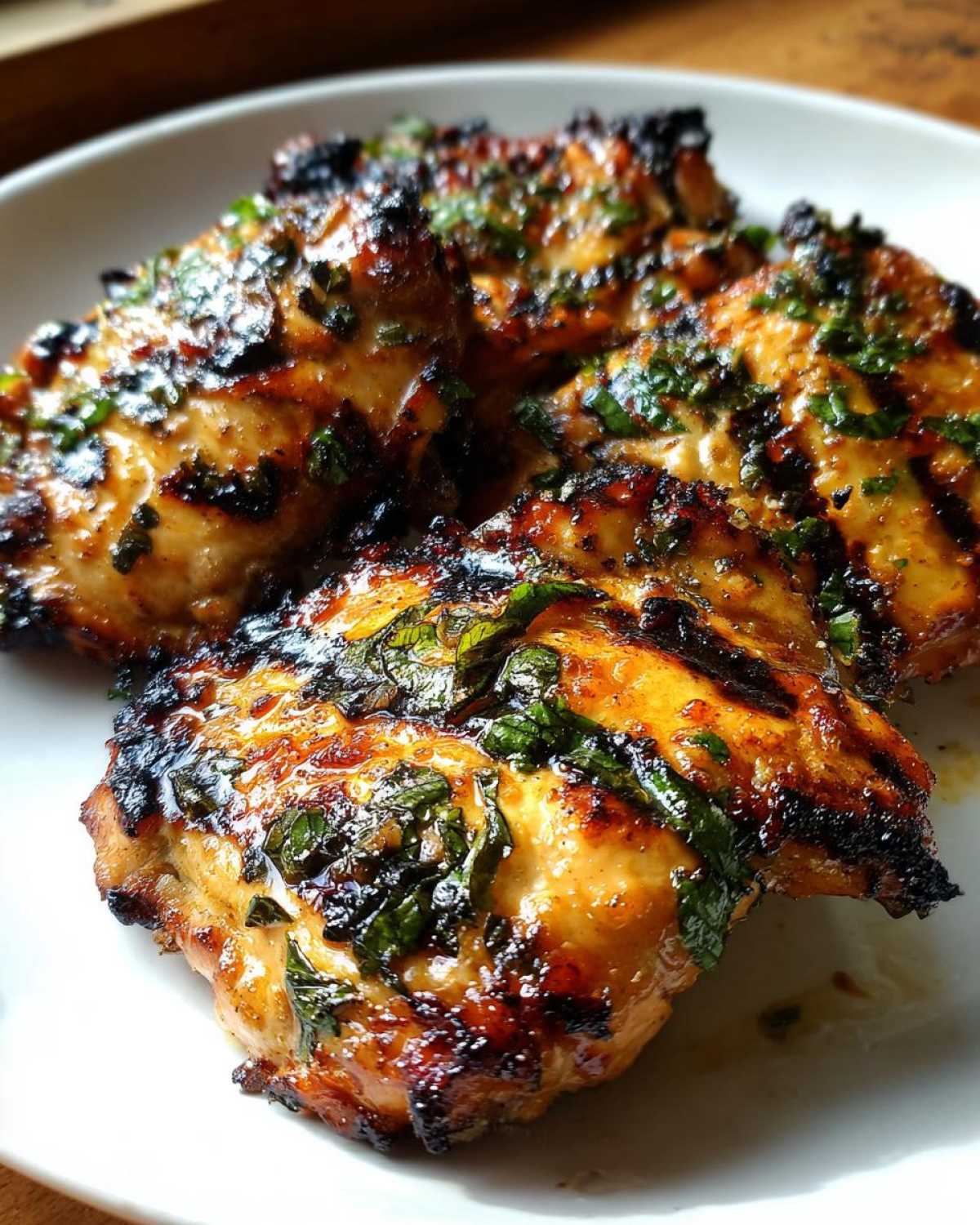 Close-up of juicy grilled coconut basil chicken thighs with grill marks and fresh herbs.